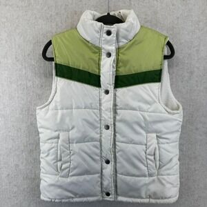 Womens Medium White Green Colorblock Retro Vtg Quilted Puffer Vest Fleece Lined
